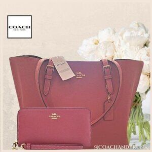2 PC COACH Leather Mollie Tote & Zip Around Wallet Detachable Wrist Strap NWT